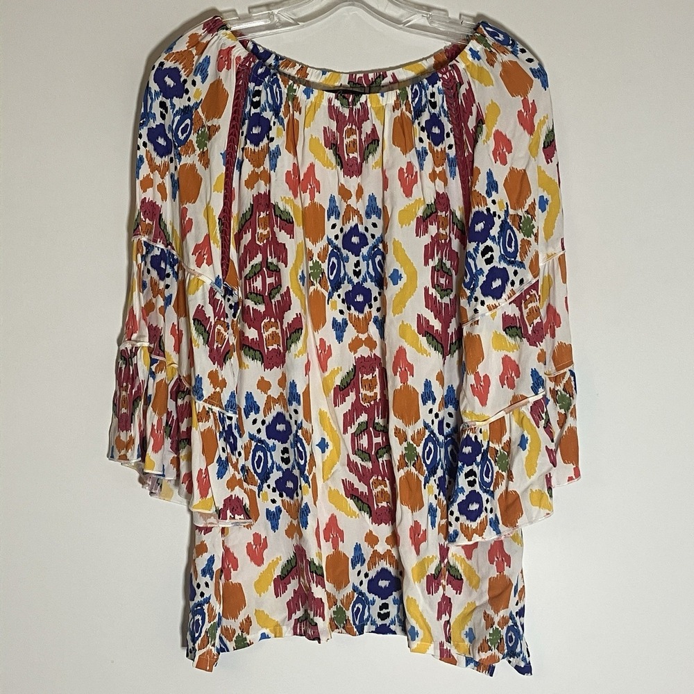 Calessa‎ Top Womens Large Multicolor Geometric Tunic Ikat Boho Colorful Shoulder